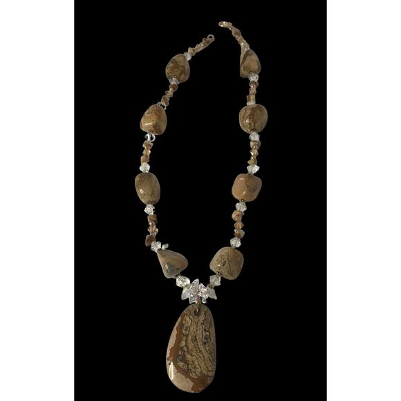 Bohemian Glass Beaded Necklace Agate Champagne Beige Stone Earthy Statement 20"" - Picture 1 of 10